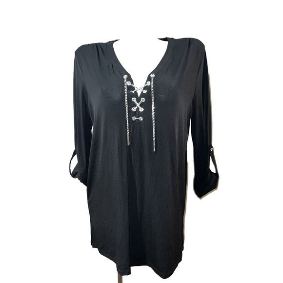 MICHAEL BY MICHAEL KORS Top Black Silver Chain Neck Detail Roll Tab Slv Tunic L - Picture 1 of 11